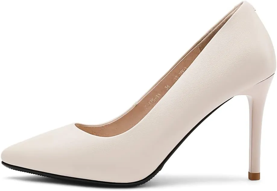 ANUFER Women's Full Genuine Leather 5CM/7CM/9CM High Heels Elegant Pointed Toe Pumps Office Work Shoes
