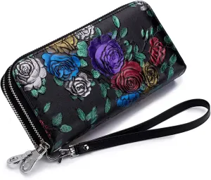 Aslana Genuine Leather Double Zipped Wallet Wristlet for Women, RFID Blocking Double Zipped Floral Hand Painted Embossed Large Capacity Clutch Purse (Double Zipped - Colorful Rose)