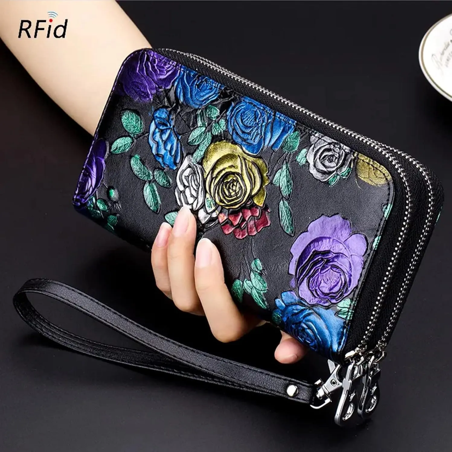 Aslana Genuine Leather Double Zipped Wallet Wristlet for Women, RFID Blocking Double Zipped Floral Hand Painted Embossed Large Capacity Clutch Purse (Double Zipped - Colorful Rose)