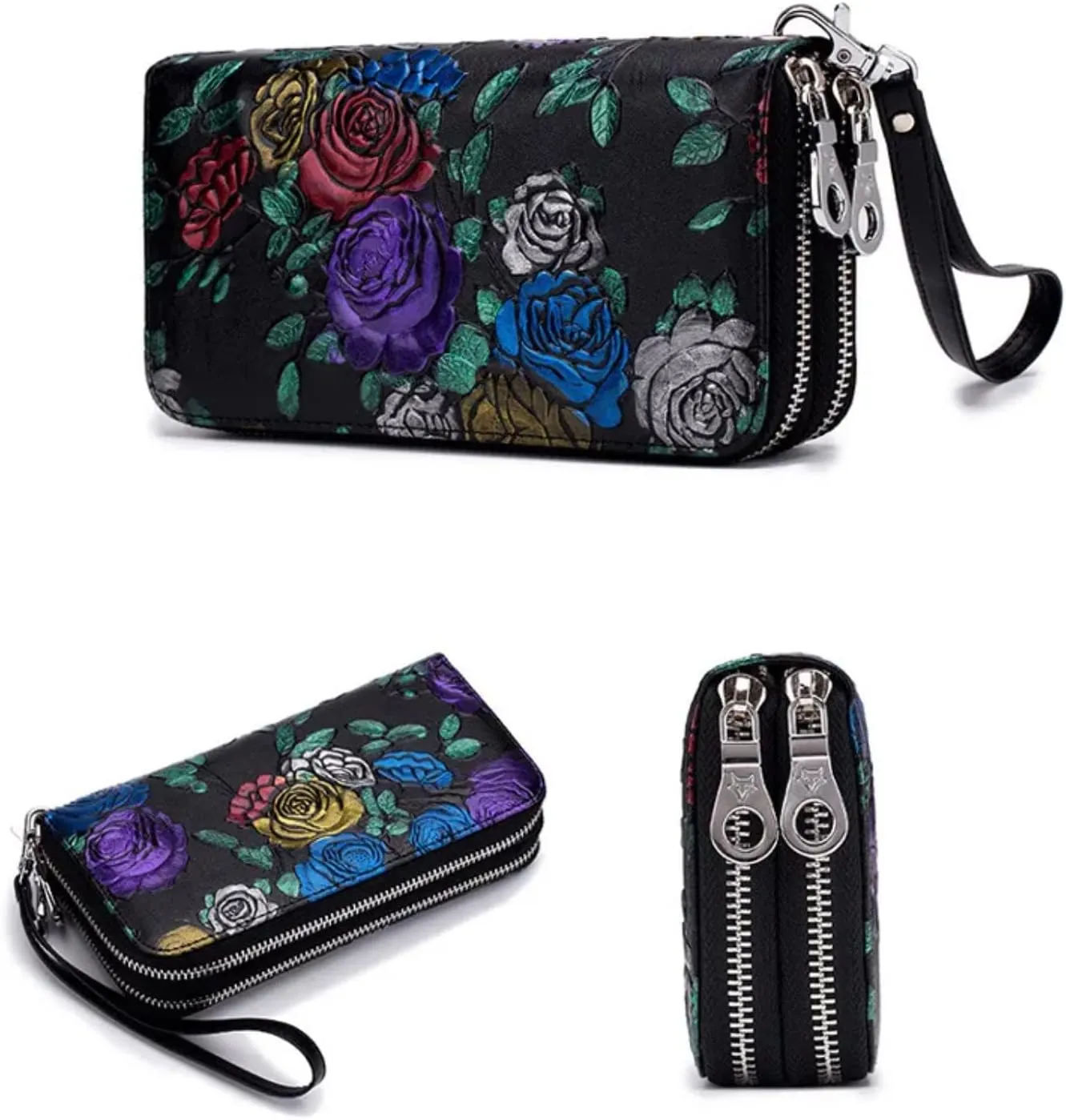 Aslana Genuine Leather Double Zipped Wallet Wristlet for Women, RFID Blocking Double Zipped Floral Hand Painted Embossed Large Capacity Clutch Purse (Double Zipped - Colorful Rose)