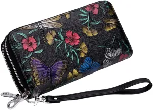 Aslana Genuine Leather Double Zipped Wallet Wristlet for Women, RFID Blocking Double Zipped Floral Hand Painted Embossed Large Capacity Clutch Purse (Double Zipped - Dragonfly)