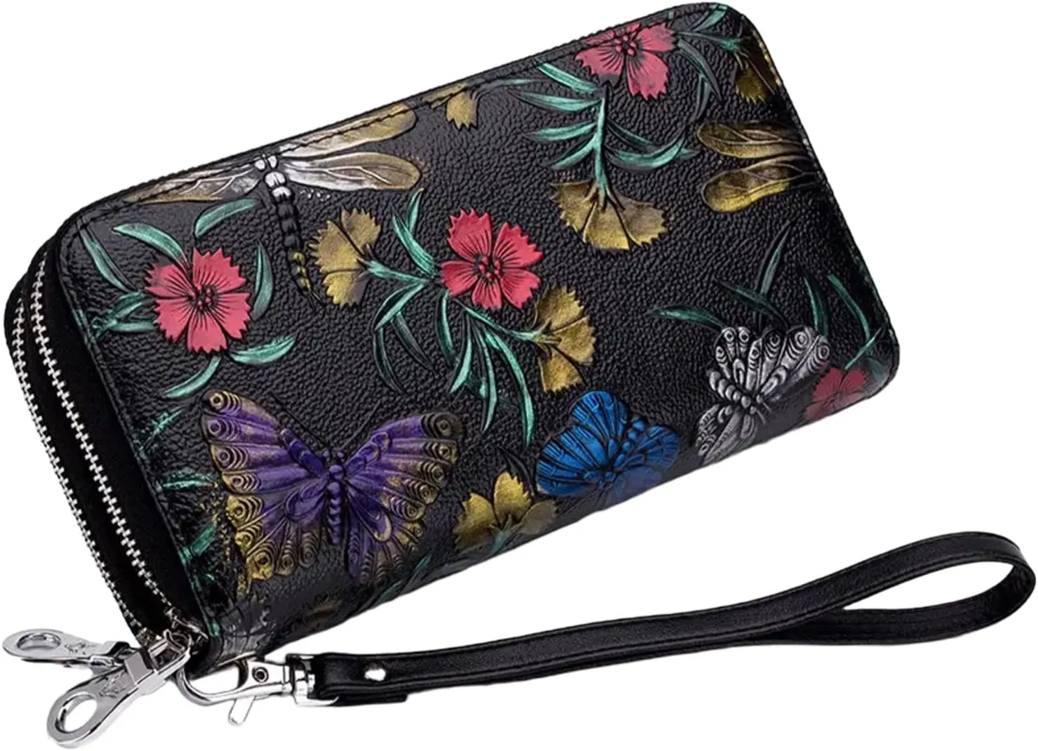 Aslana Genuine Leather Double Zipped Wallet Wristlet for Women, RFID Blocking Double Zipped Floral Hand Painted Embossed Large Capacity Clutch Purse (Double Zipped - Dragonfly)