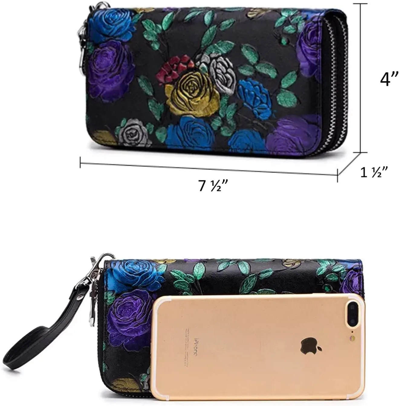 Aslana Genuine Leather Double Zipped Wallet Wristlet for Women, RFID Blocking Double Zipped Floral Hand Painted Embossed Large Capacity Clutch Purse (Double Zipped - Dragonfly)
