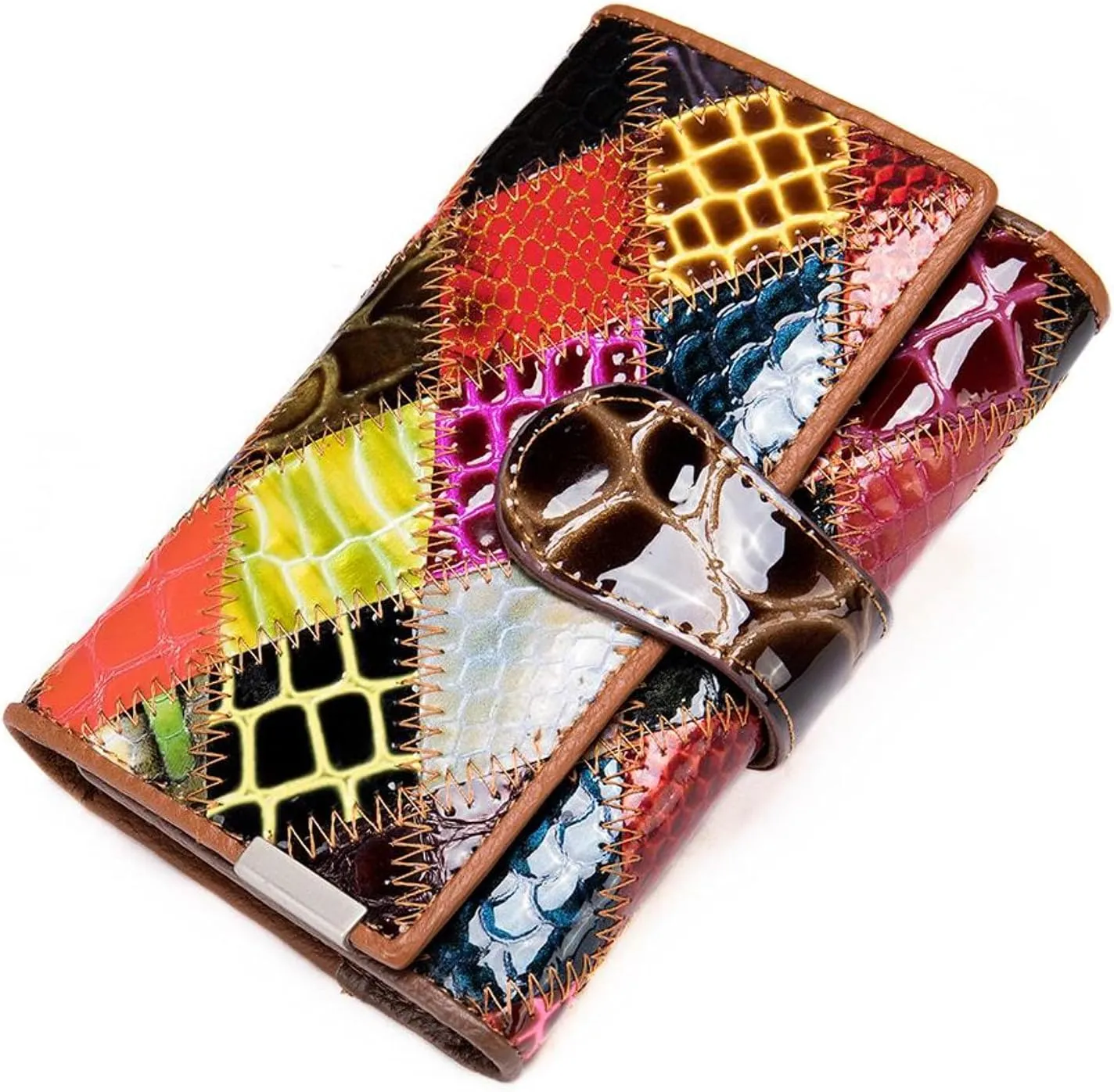 Aurexa Women's Genuine Leather Wallet Patent Leather Retro Vintage Patchwork Embossed Flower Floral Wristlet Clutch Bag (Short, Short, Trifold Patent Leather Diamond)