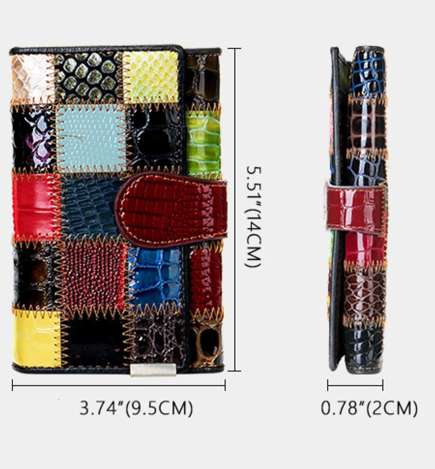 Aurexa Women's Genuine Leather Wallet Patent Leather Retro Vintage Patchwork Embossed Flower Floral Wristlet Clutch Bag (Short Trifold Patent Leather Square)