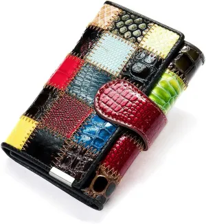 Aurexa Women's Genuine Leather Wallet Patent Leather Retro Vintage Patchwork Embossed Flower Floral Wristlet Clutch Bag (Short Trifold Patent Leather Square)
