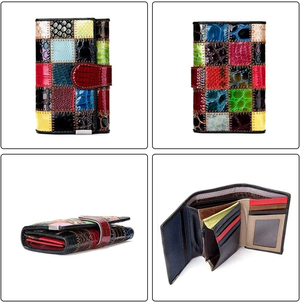 Aurexa Women's Genuine Leather Wallet Patent Leather Retro Vintage Patchwork Embossed Flower Floral Wristlet Clutch Bag (Short Trifold Patent Leather Square)