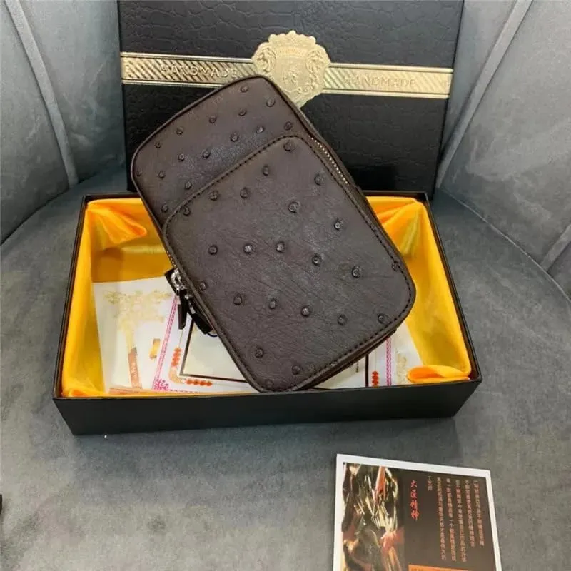 Authentic Real True Ostrich Skin Men's Arm Package Mini Wrist Bag Exotic Genuine Leather Male Casual Small ZIP Phone Case Bag