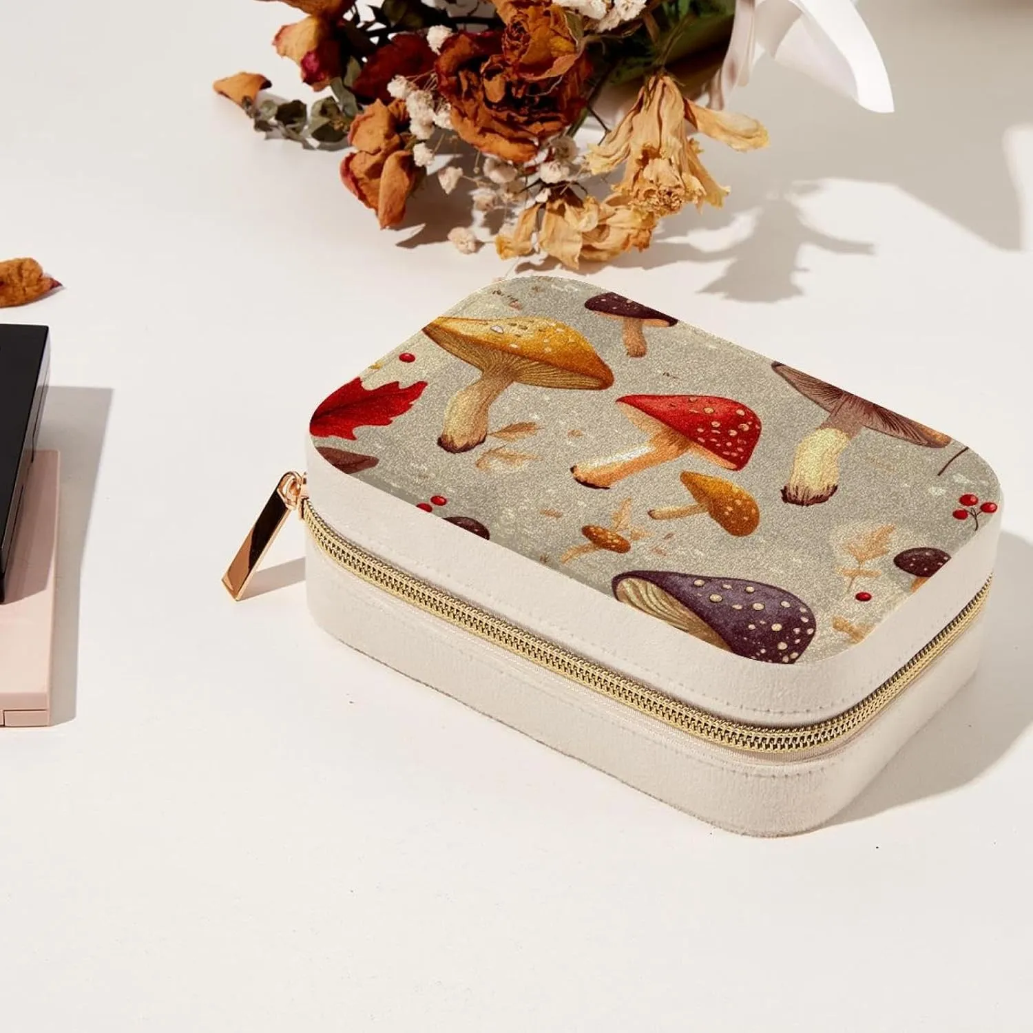 Autumn Mushrooms Berries Pattern Travel Jewelry Box, Portable Travel Display Case Storage Holder Boxes for Stud Earrings, Rings, Necklaces, Bracelets