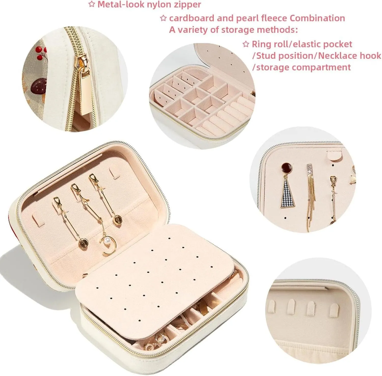Autumn Mushrooms Berries Pattern Travel Jewelry Box, Portable Travel Display Case Storage Holder Boxes for Stud Earrings, Rings, Necklaces, Bracelets