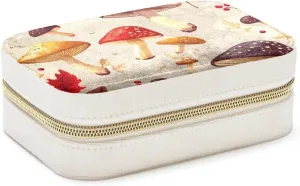 Autumn Mushrooms Berries Pattern Travel Jewelry Box, Portable Travel Display Case Storage Holder Boxes for Stud Earrings, Rings, Necklaces, Bracelets