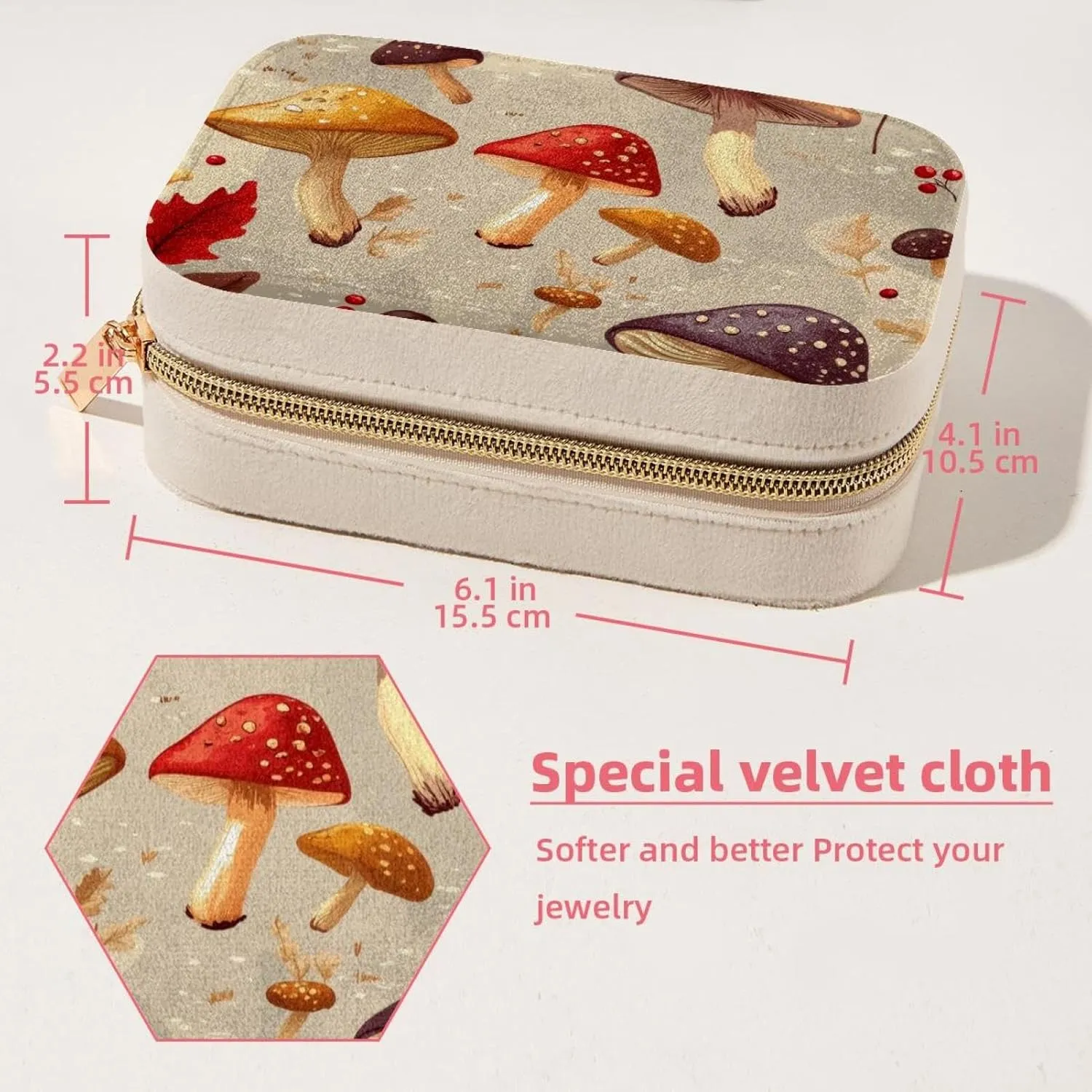 Autumn Mushrooms Berries Pattern Travel Jewelry Box, Portable Travel Display Case Storage Holder Boxes for Stud Earrings, Rings, Necklaces, Bracelets