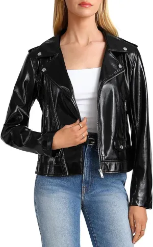 Bagatelle Womens Patent Faux Leather Motorcycle Jacket Black S