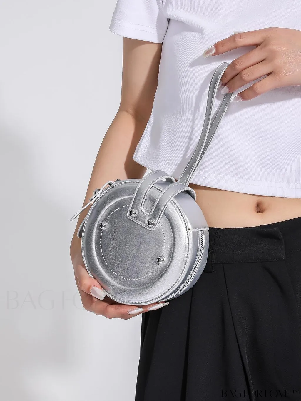BagForLove - Compact Rivet Studded Round Mini Hand-held Bag for Small Essentials Like Coins and Lipsticks