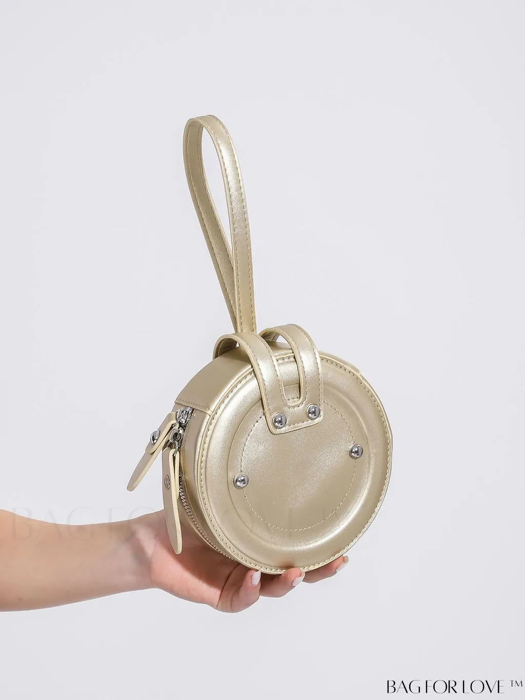 BagForLove - Compact Rivet Studded Round Mini Hand-held Bag for Small Essentials Like Coins and Lipsticks