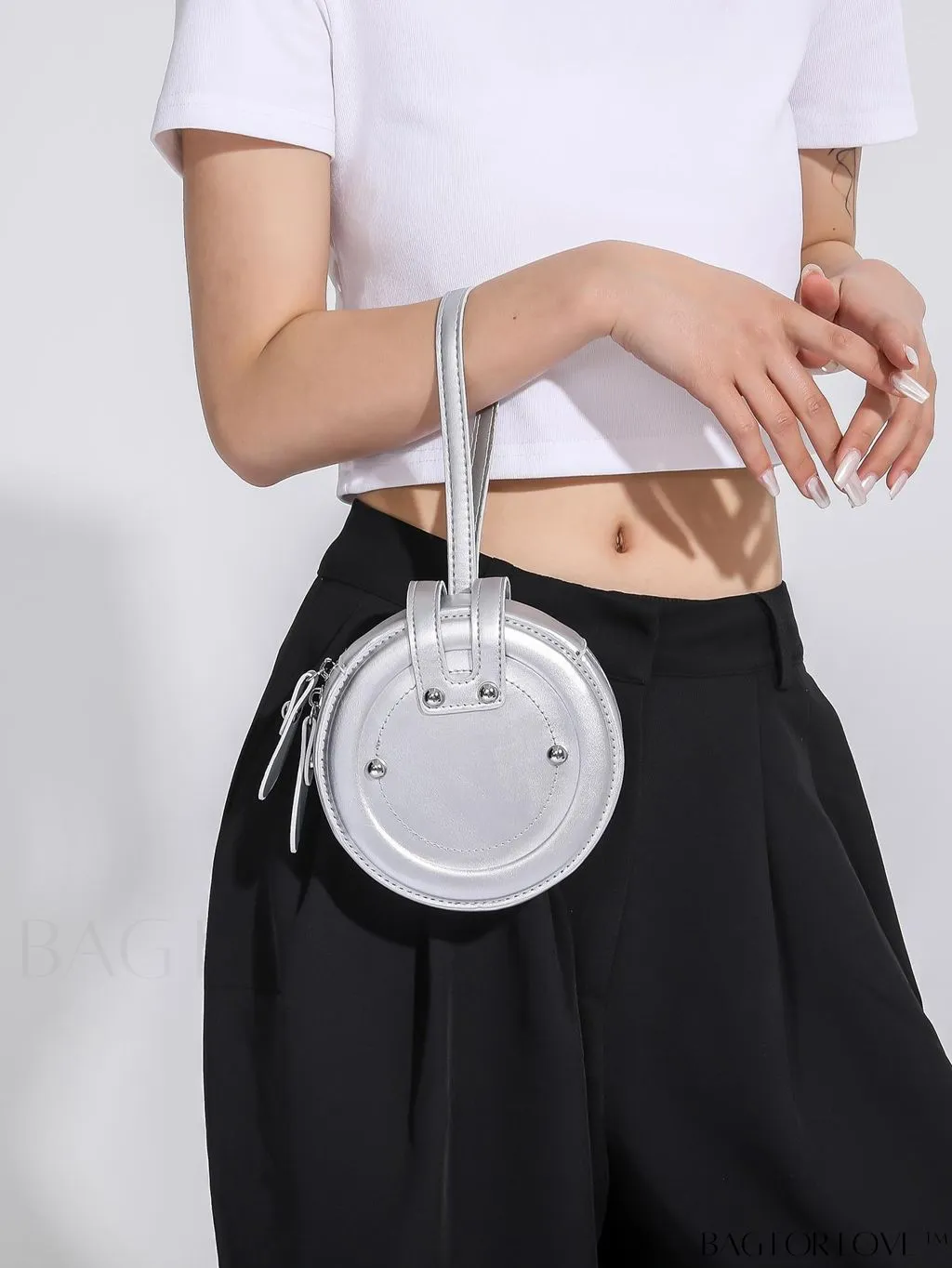 BagForLove - Compact Rivet Studded Round Mini Hand-held Bag for Small Essentials Like Coins and Lipsticks