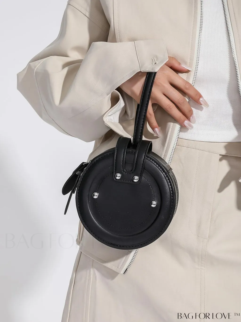 BagForLove - Compact Rivet Studded Round Mini Hand-held Bag for Small Essentials Like Coins and Lipsticks