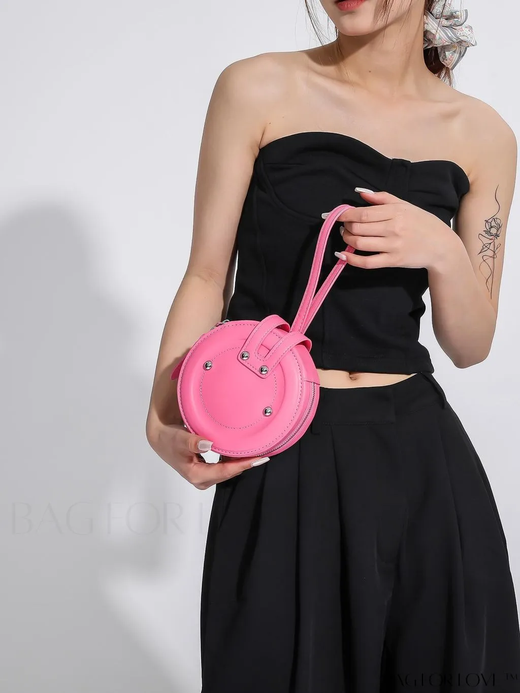 BagForLove - Compact Rivet Studded Round Mini Hand-held Bag for Small Essentials Like Coins and Lipsticks