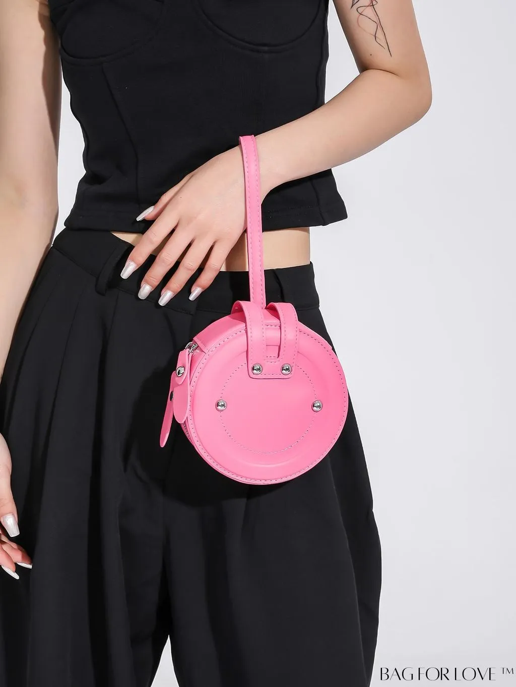 BagForLove - Compact Rivet Studded Round Mini Hand-held Bag for Small Essentials Like Coins and Lipsticks