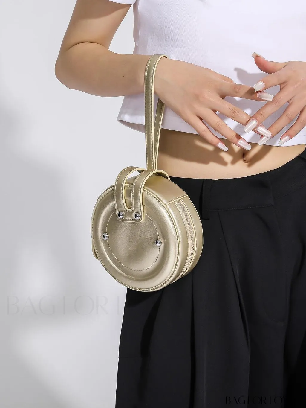 BagForLove - Compact Rivet Studded Round Mini Hand-held Bag for Small Essentials Like Coins and Lipsticks