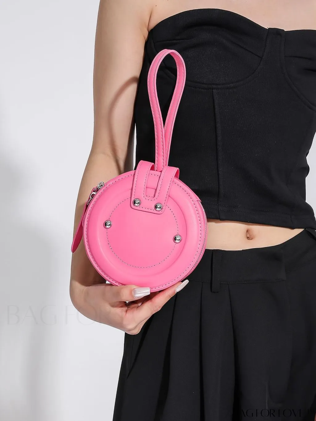 BagForLove - Compact Rivet Studded Round Mini Hand-held Bag for Small Essentials Like Coins and Lipsticks