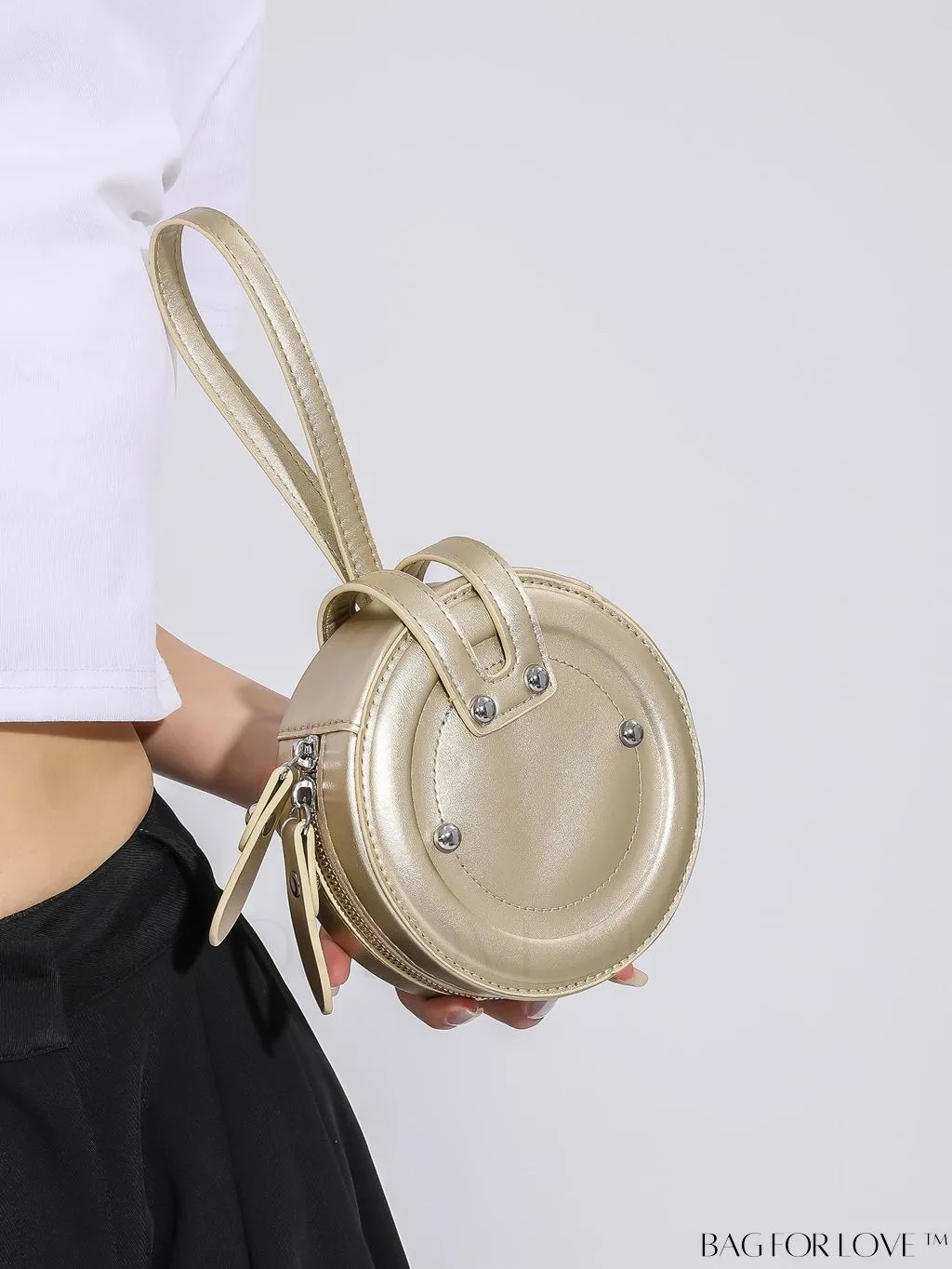 BagForLove - Compact Rivet Studded Round Mini Hand-held Bag for Small Essentials Like Coins and Lipsticks