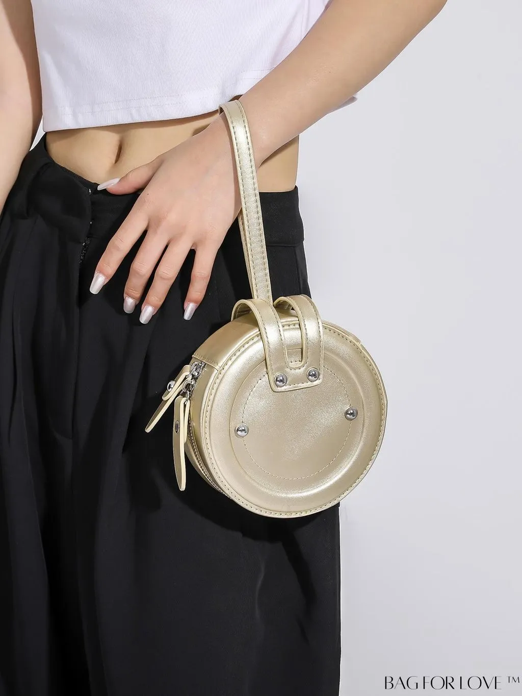 BagForLove - Compact Rivet Studded Round Mini Hand-held Bag for Small Essentials Like Coins and Lipsticks