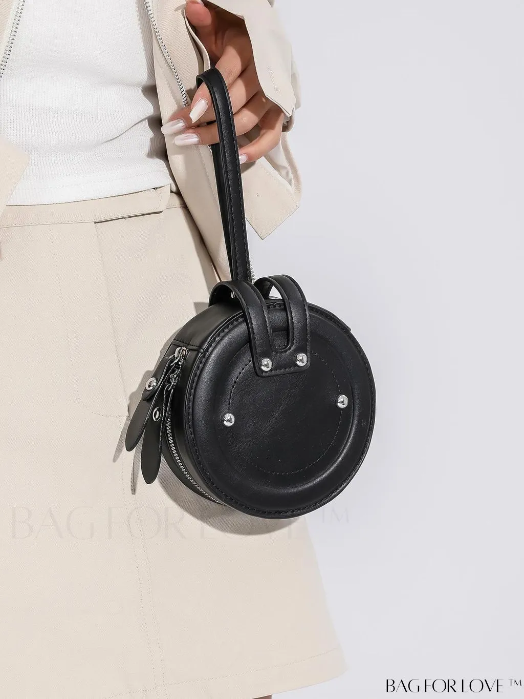 BagForLove - Compact Rivet Studded Round Mini Hand-held Bag for Small Essentials Like Coins and Lipsticks