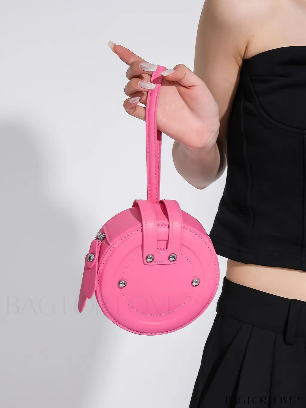 BagForLove - Compact Rivet Studded Round Mini Hand-held Bag for Small Essentials Like Coins and Lipsticks