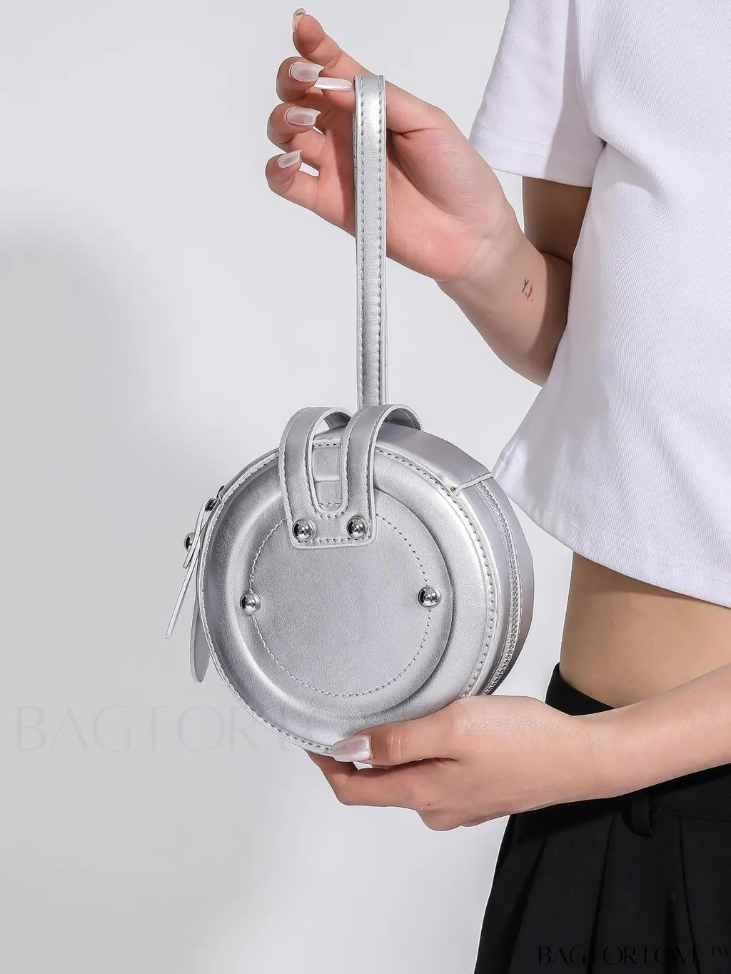 BagForLove - Compact Rivet Studded Round Mini Hand-held Bag for Small Essentials Like Coins and Lipsticks