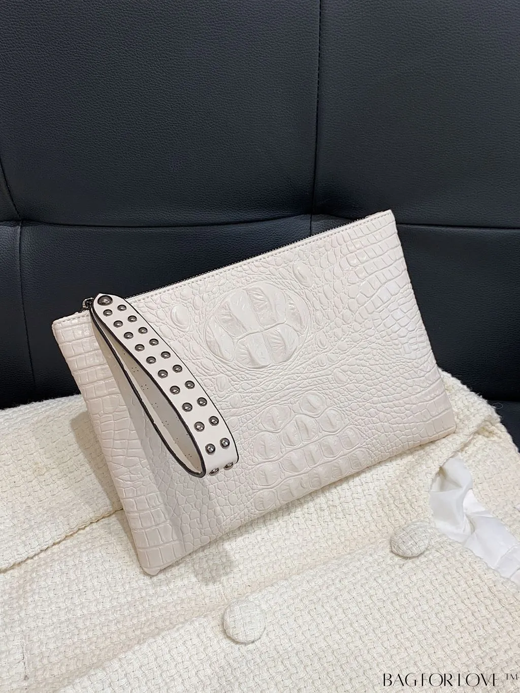 BagForLove - Funky PU Square Bag with Studded Decor, Houndstooth Embossed, Zipper Closure, Wristlet Included