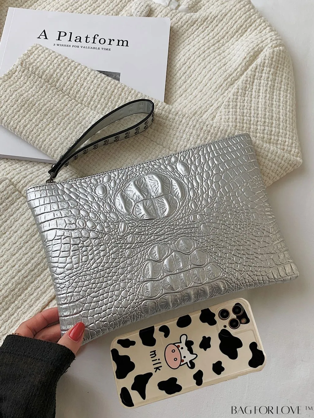 BagForLove - Funky PU Square Bag with Studded Decor, Houndstooth Embossed, Zipper Closure, Wristlet Included