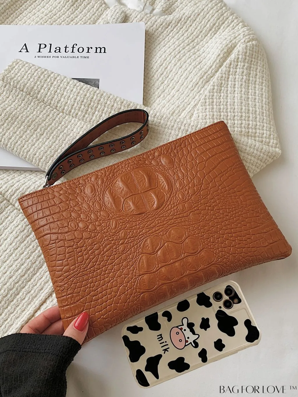 BagForLove - Funky PU Square Bag with Studded Decor, Houndstooth Embossed, Zipper Closure, Wristlet Included