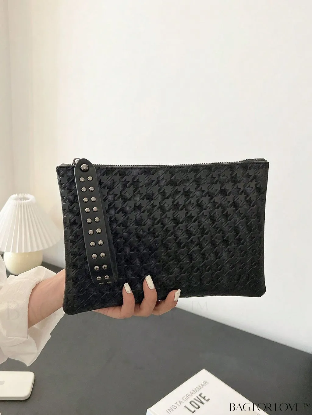 BagForLove - Funky PU Square Bag with Studded Decor, Houndstooth Embossed, Zipper Closure, Wristlet Included