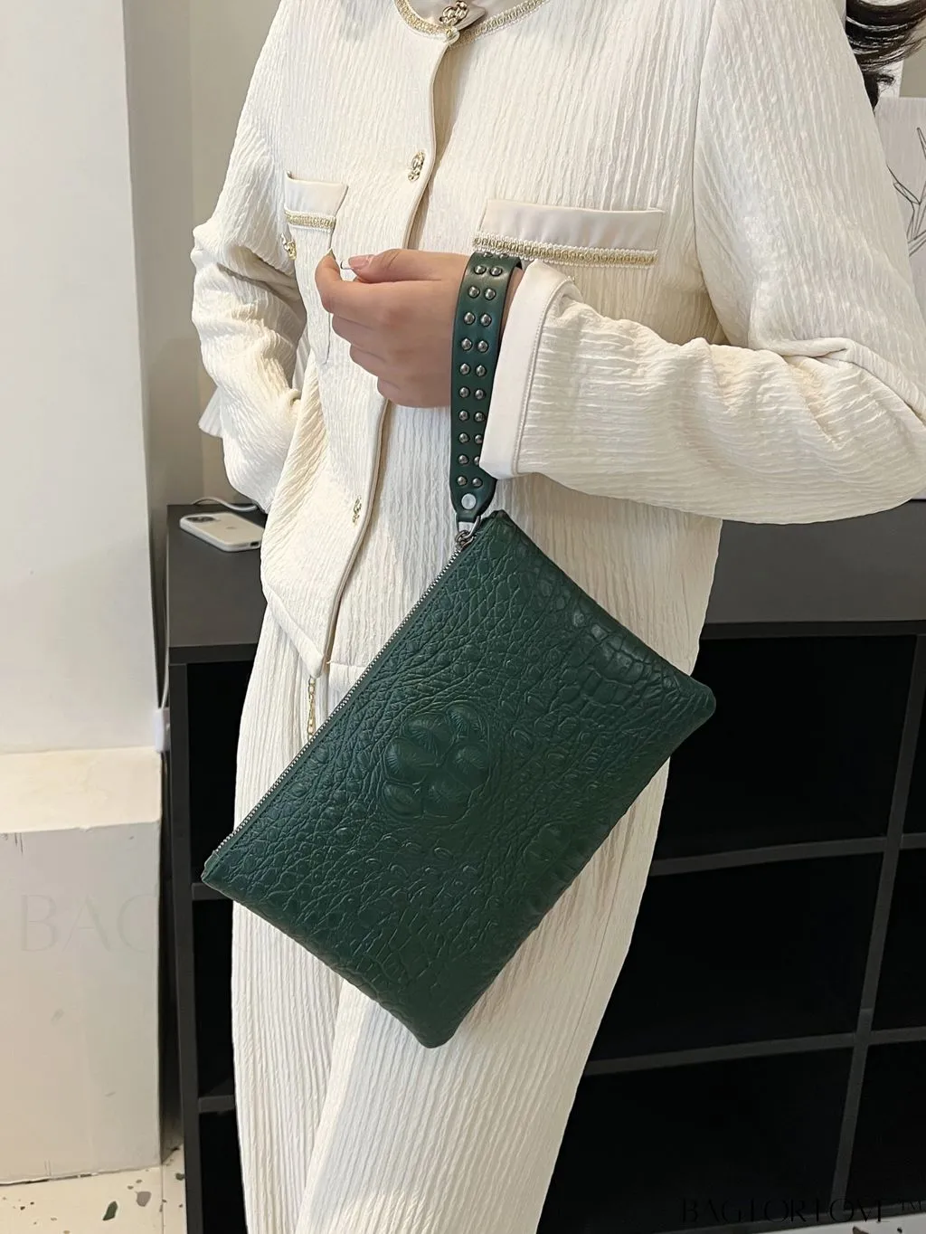 BagForLove - Funky PU Square Bag with Studded Decor, Houndstooth Embossed, Zipper Closure, Wristlet Included