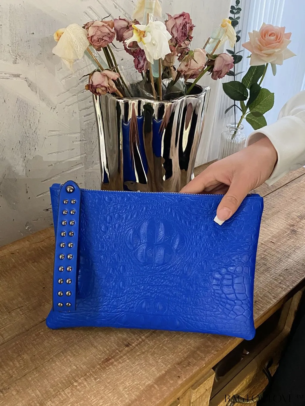 BagForLove - Funky PU Square Bag with Studded Decor, Houndstooth Embossed, Zipper Closure, Wristlet Included