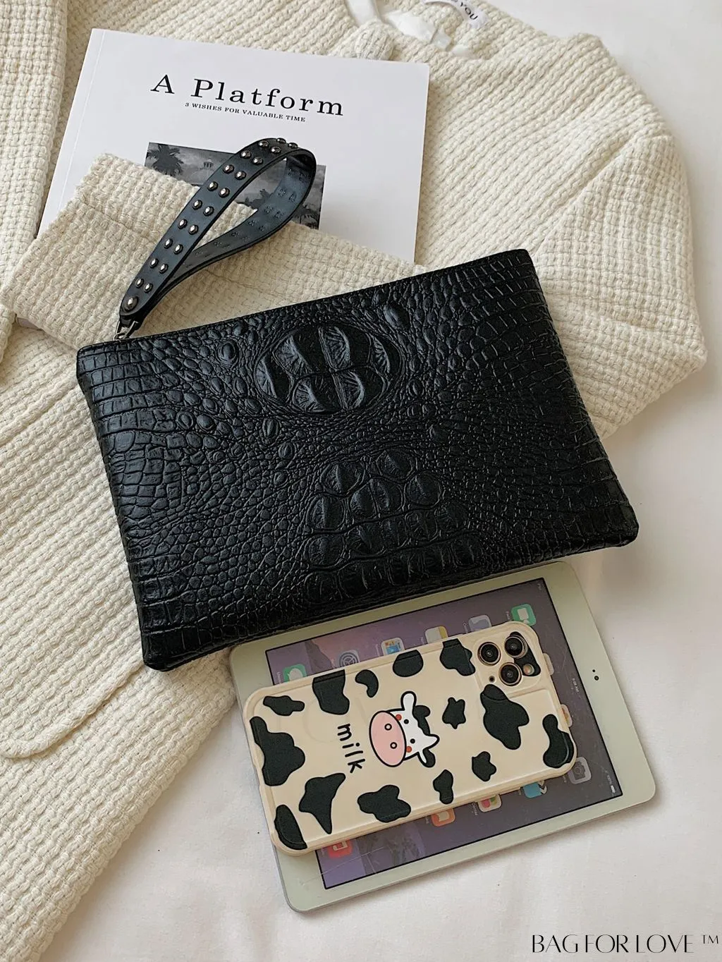 BagForLove - Funky PU Square Bag with Studded Decor, Houndstooth Embossed, Zipper Closure, Wristlet Included