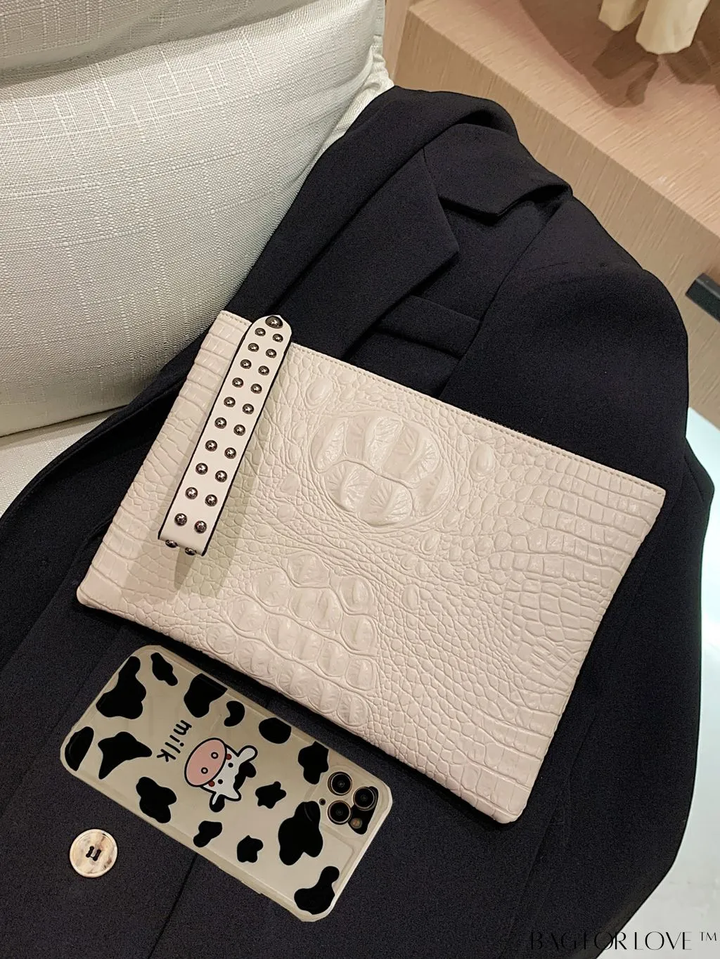 BagForLove - Funky PU Square Bag with Studded Decor, Houndstooth Embossed, Zipper Closure, Wristlet Included