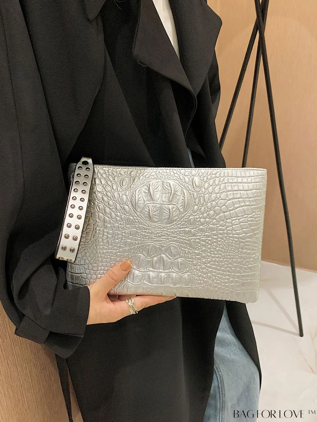 BagForLove - Funky PU Square Bag with Studded Decor, Houndstooth Embossed, Zipper Closure, Wristlet Included