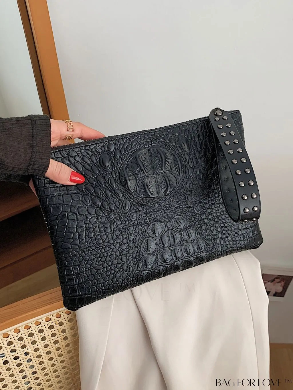 BagForLove - Funky PU Square Bag with Studded Decor, Houndstooth Embossed, Zipper Closure, Wristlet Included