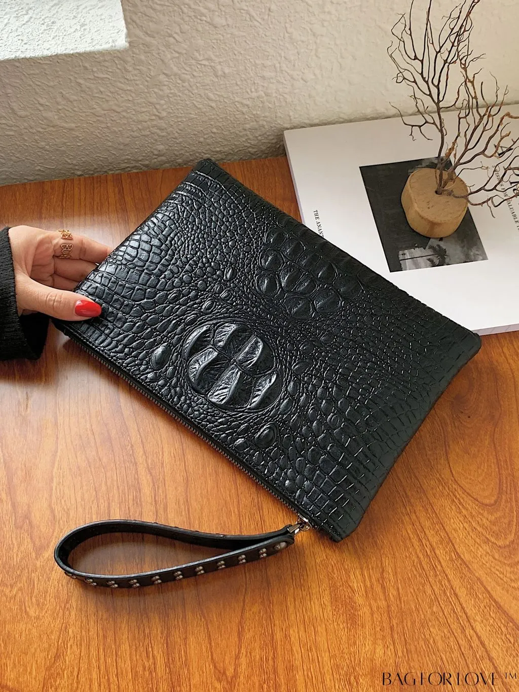 BagForLove - Funky PU Square Bag with Studded Decor, Houndstooth Embossed, Zipper Closure, Wristlet Included
