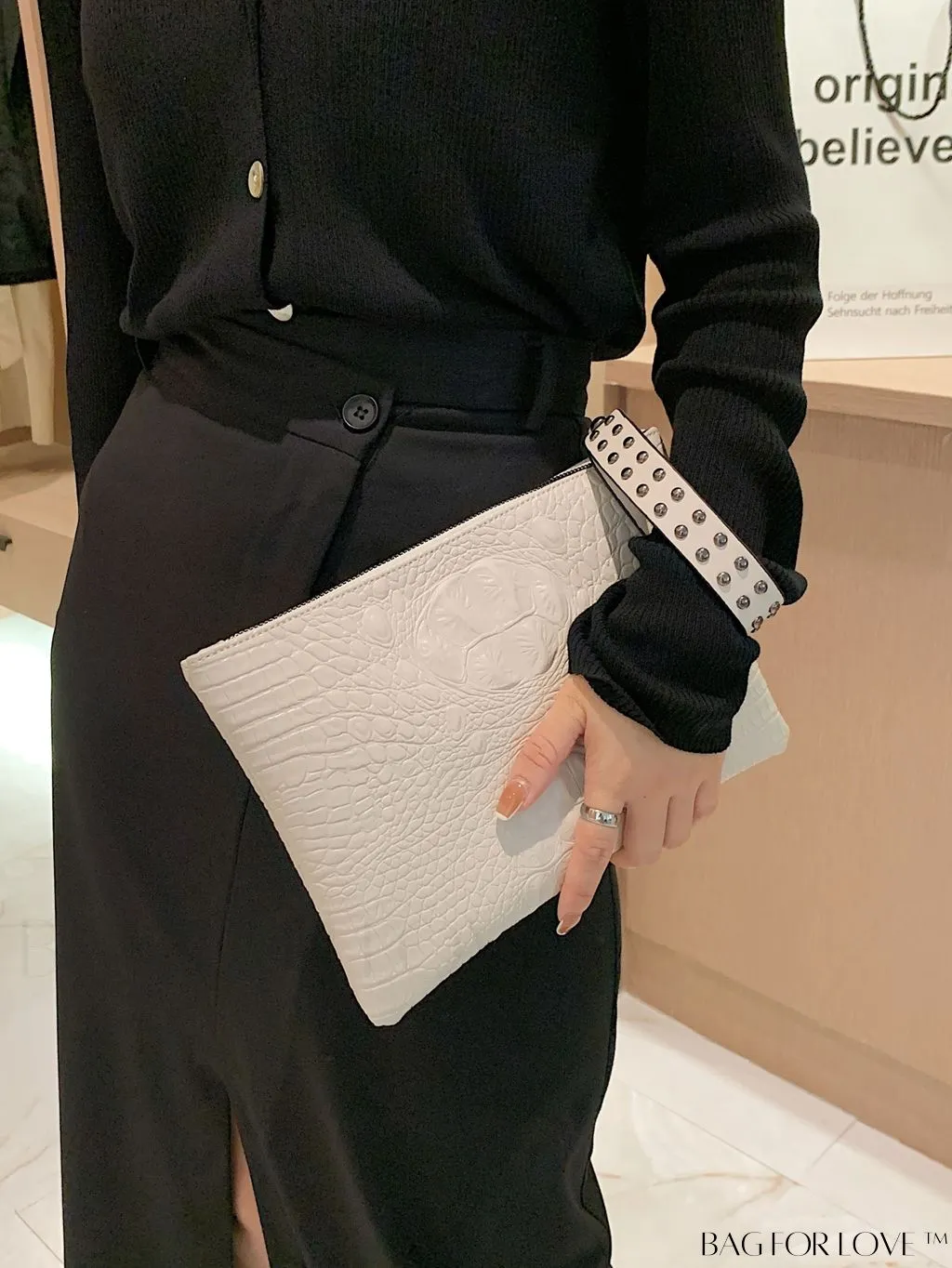 BagForLove - Funky PU Square Bag with Studded Decor, Houndstooth Embossed, Zipper Closure, Wristlet Included
