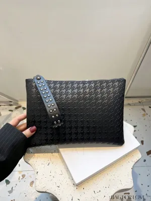 BagForLove - Funky PU Square Bag with Studded Decor, Houndstooth Embossed, Zipper Closure, Wristlet Included