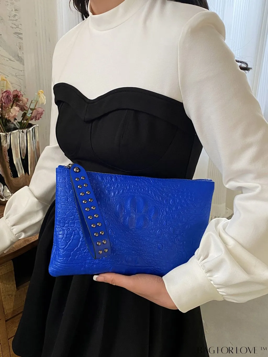 BagForLove - Funky PU Square Bag with Studded Decor, Houndstooth Embossed, Zipper Closure, Wristlet Included