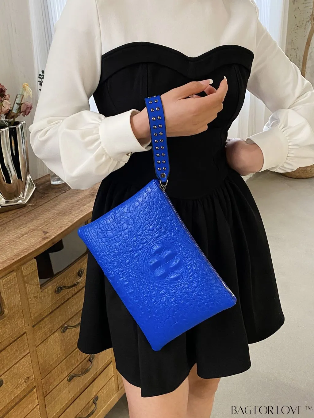 BagForLove - Funky PU Square Bag with Studded Decor, Houndstooth Embossed, Zipper Closure, Wristlet Included
