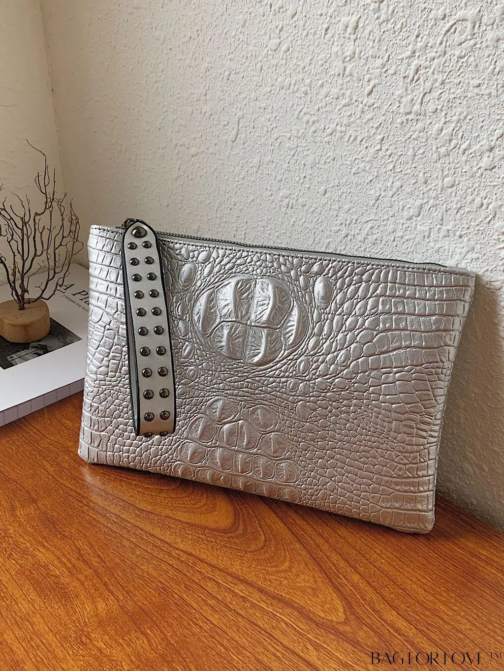 BagForLove - Funky PU Square Bag with Studded Decor, Houndstooth Embossed, Zipper Closure, Wristlet Included