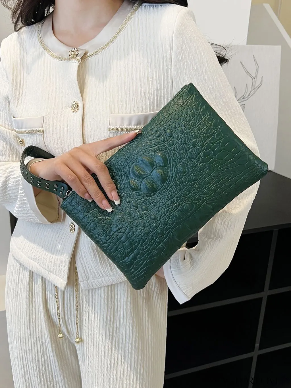 BagForLove - Funky PU Square Bag with Studded Decor, Houndstooth Embossed, Zipper Closure, Wristlet Included