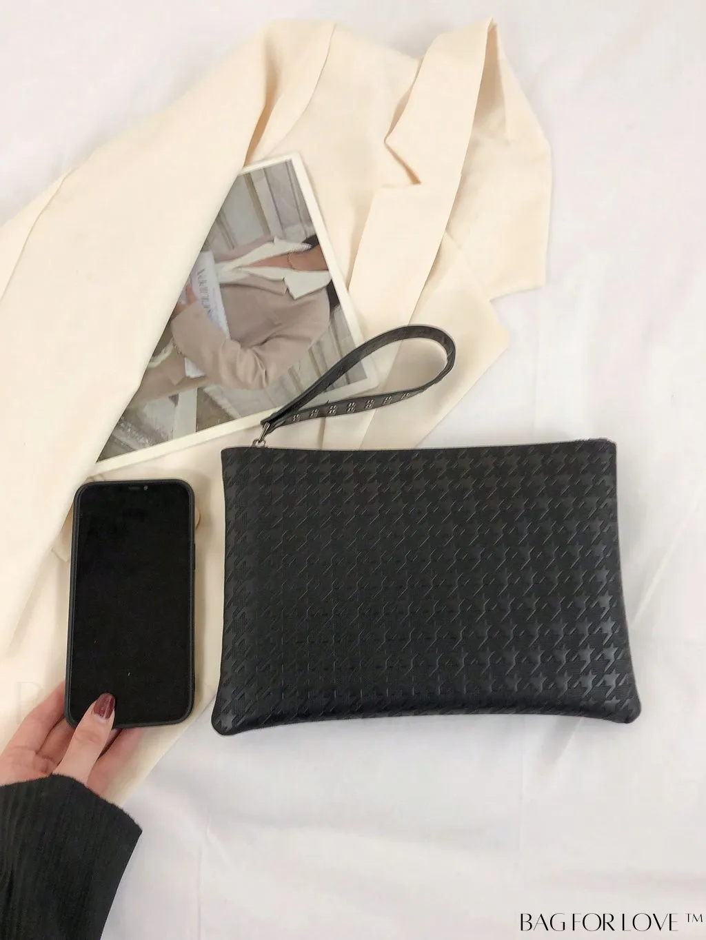 BagForLove - Funky PU Square Bag with Studded Decor, Houndstooth Embossed, Zipper Closure, Wristlet Included