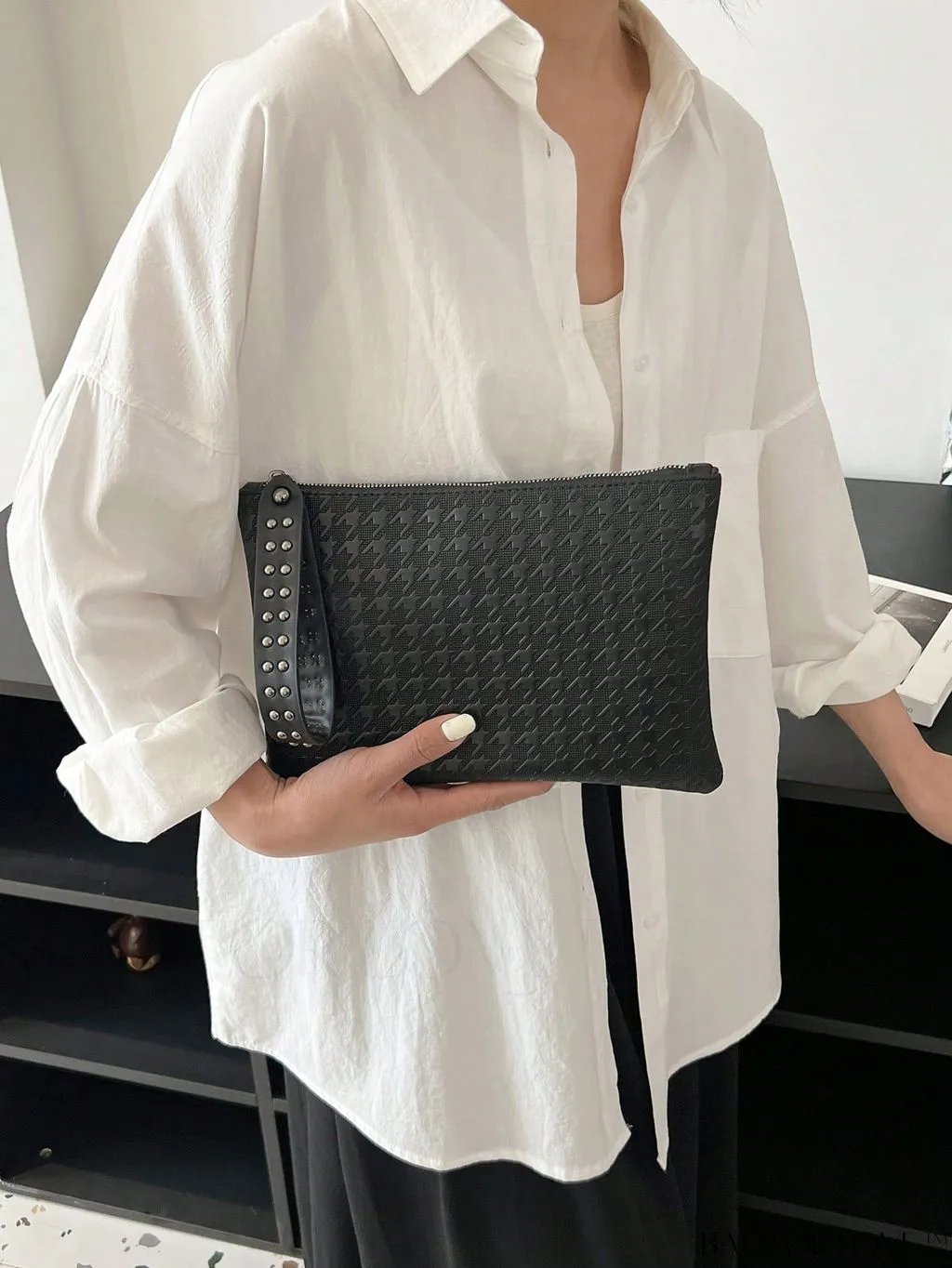 BagForLove - Funky PU Square Bag with Studded Decor, Houndstooth Embossed, Zipper Closure, Wristlet Included