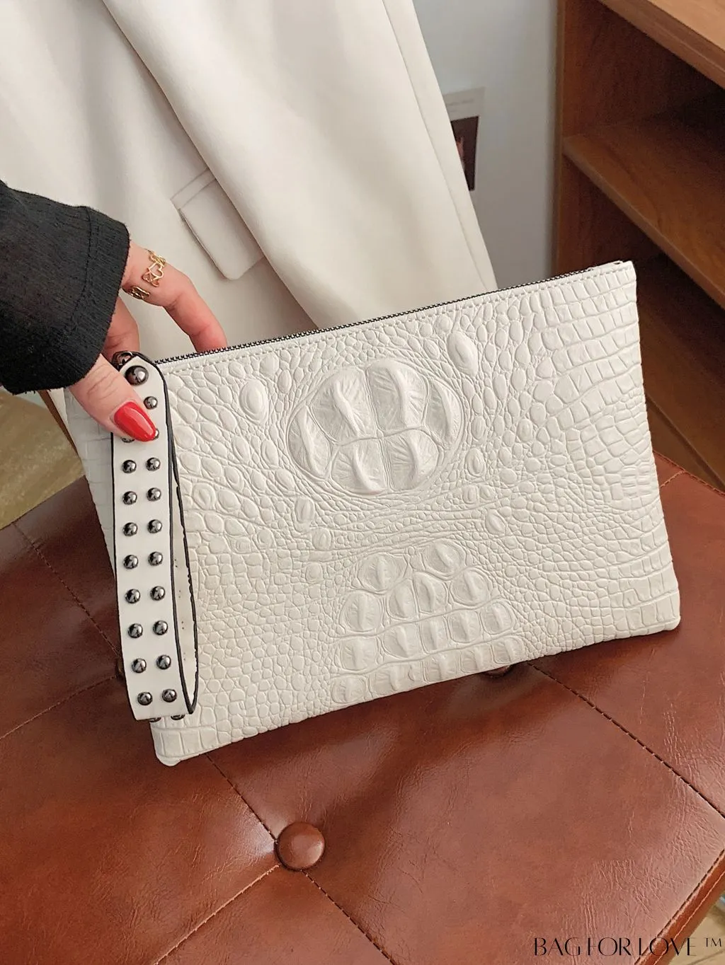 BagForLove - Funky PU Square Bag with Studded Decor, Houndstooth Embossed, Zipper Closure, Wristlet Included